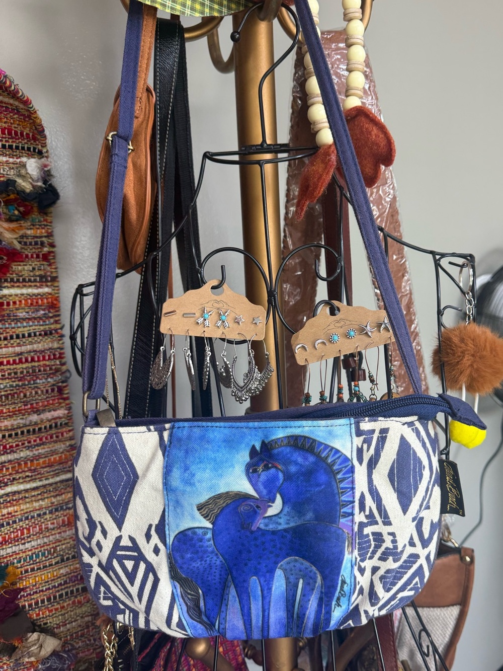 Laurel Burch Blue Canvas Crossbody Bag with Horse Artwork Vintage